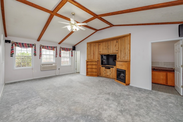 unfurnished living room featuring carpet, vaulted ceiling with beams, ceiling fan, and cooling unit