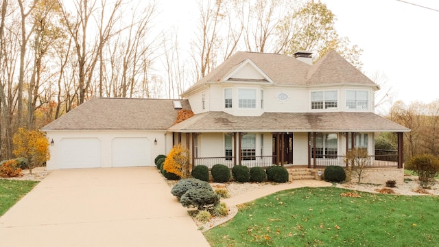 victorian house featuring covered porch, a garage, and a front yard