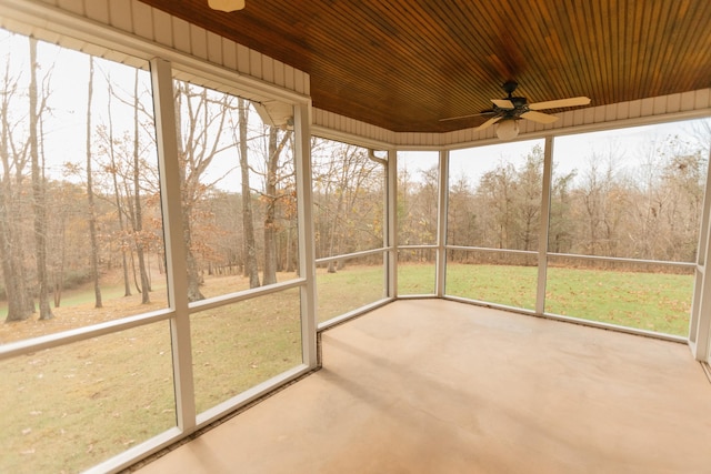 unfurnished sunroom featuring ceiling fan and wooden ceiling