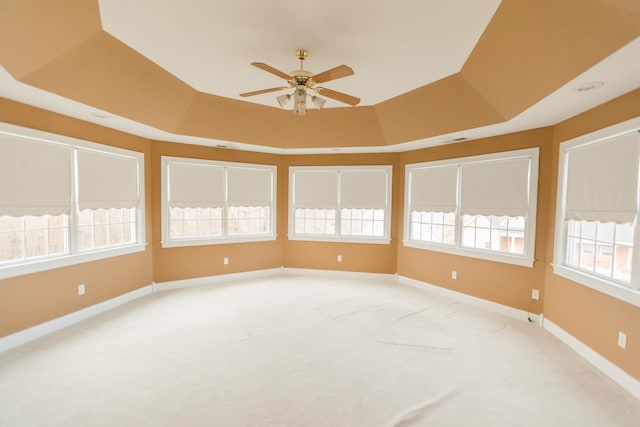 carpeted spare room featuring a raised ceiling, a wealth of natural light, and ceiling fan