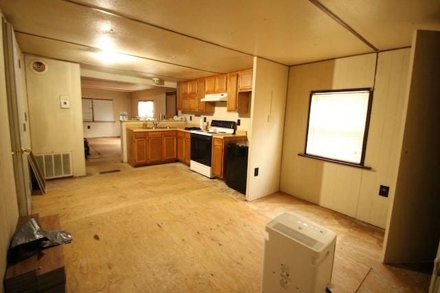 kitchen with white range with electric stovetop, kitchen peninsula, and sink