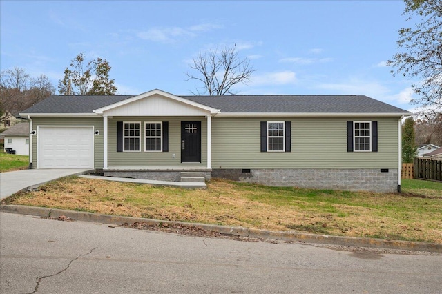 ranch-style home with a front yard, a garage, and covered porch