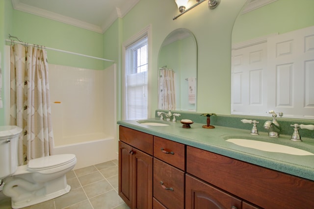 full bathroom with shower / bath combination with curtain, tile patterned floors, ornamental molding, vanity, and toilet