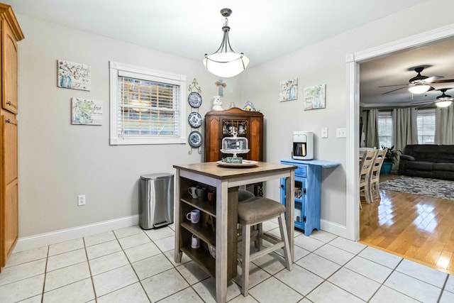 dining space featuring ceiling fan and light hardwood / wood-style floors