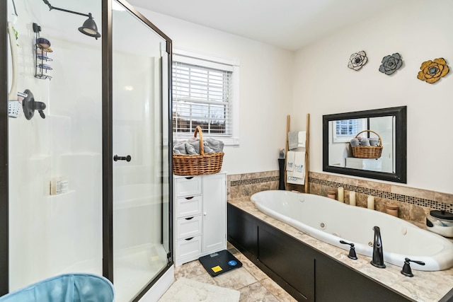 bathroom with tile patterned flooring and plus walk in shower