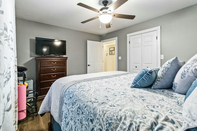 bedroom featuring ceiling fan, dark wood-type flooring, and a closet