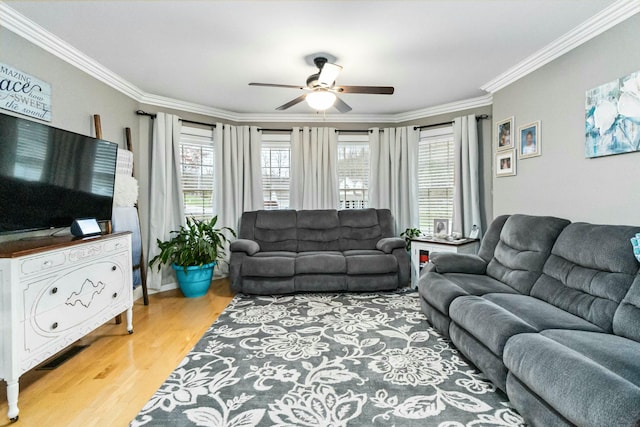 living room featuring plenty of natural light, light wood-type flooring, and crown molding