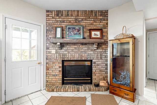 living room featuring light tile patterned floors and a fireplace