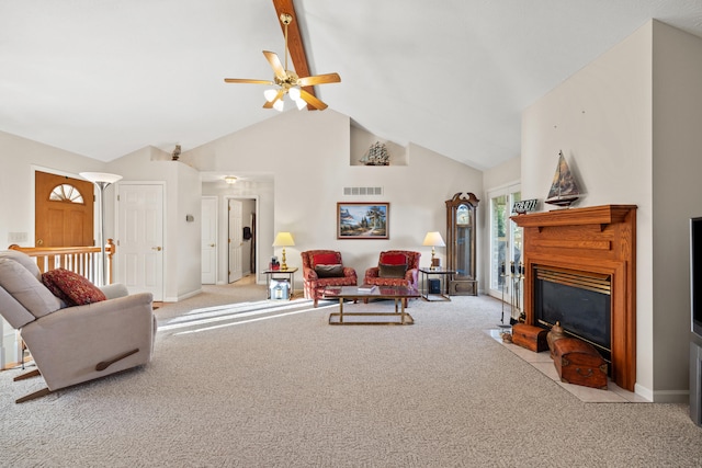 living room featuring light carpet, beam ceiling, high vaulted ceiling, and ceiling fan