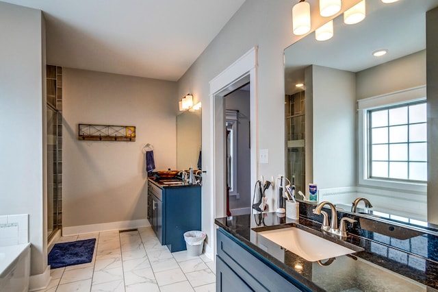 bathroom featuring vanity and plus walk in shower