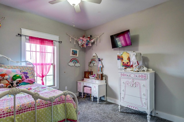 carpeted bedroom featuring ceiling fan