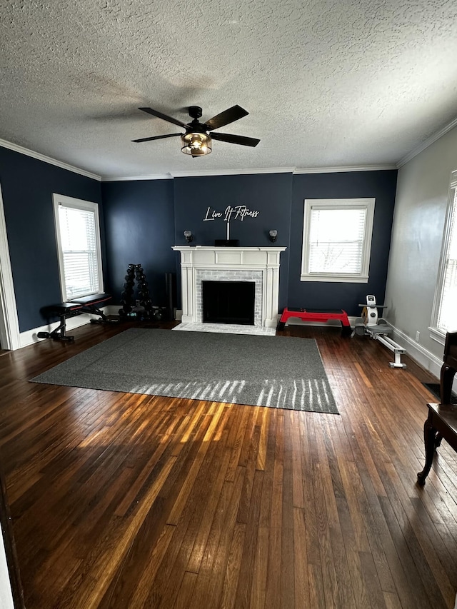 2458 High Bridge Rd, Lancaster, KY 40444 - unfurnished living room featuring ornamental molding, hardwood / wood-style floors, a ceiling fan, a fireplace, and healthy amount of natural light