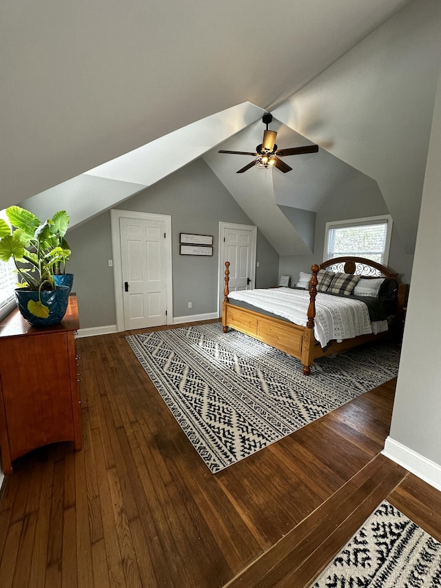 2458 High Bridge Rd, Lancaster, KY 40444 - bedroom featuring hardwood / wood-style floors, baseboards, vaulted ceiling, and ceiling fan