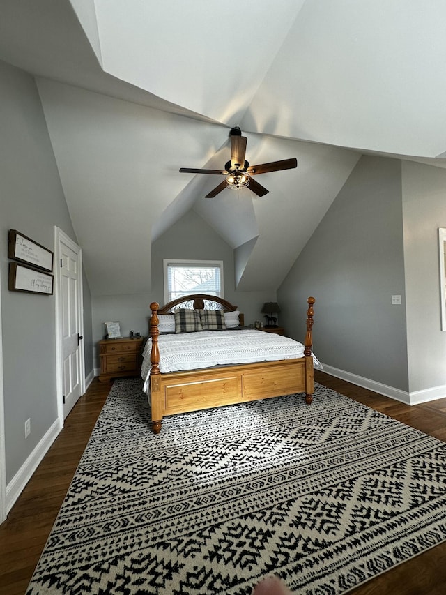 2458 High Bridge Rd, Lancaster, KY 40444 - bedroom featuring dark wood-style flooring, baseboards, lofted ceiling, and ceiling fan