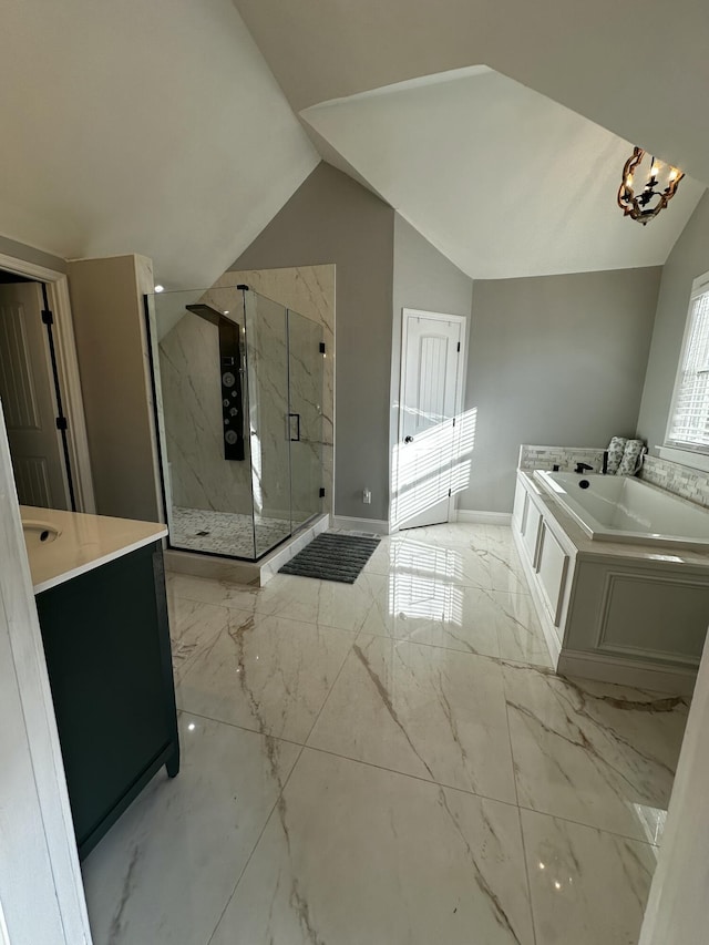 2458 High Bridge Rd, Lancaster, KY 40444 - full bath featuring marble finish floors, a marble finish shower, a bath, vaulted ceiling, and baseboards