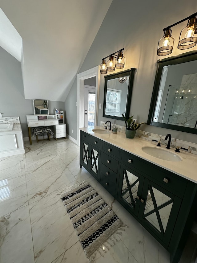 2458 High Bridge Rd, Lancaster, KY 40444 - full bathroom featuring vaulted ceiling, marble look tile flooring, double vanity, a marble finish shower, and baseboards