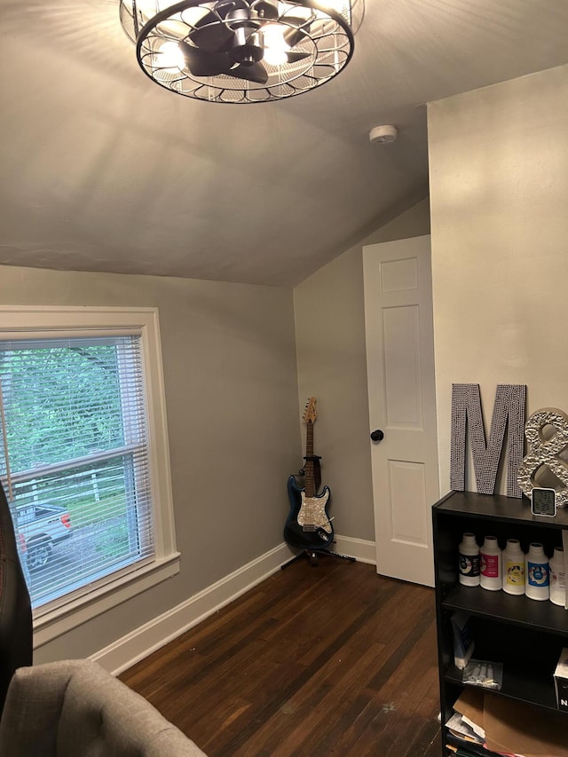 2458 High Bridge Rd, Lancaster, KY 40444 - interior space featuring vaulted ceiling, dark wood finished floors, baseboards, and a chandelier