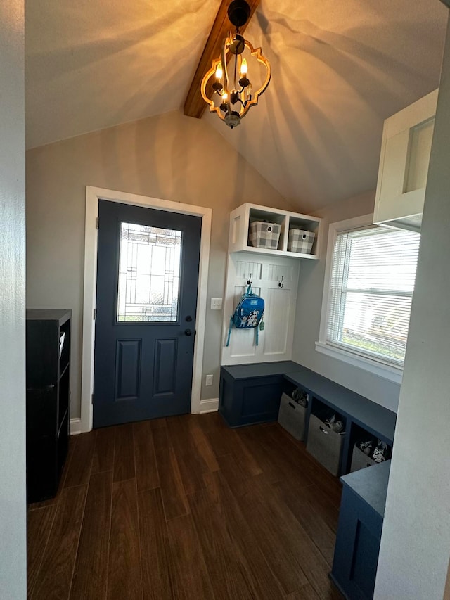 mudroom featuring a notable chandelier, lofted ceiling with beams, and dark hardwood / wood-style flooring