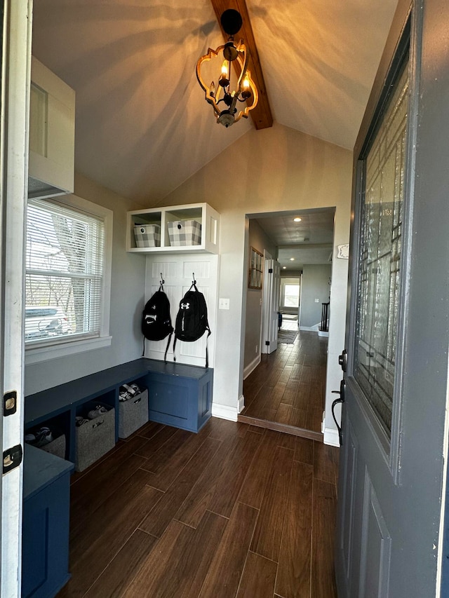 mudroom with a notable chandelier, vaulted ceiling with beams, and dark hardwood / wood-style flooring