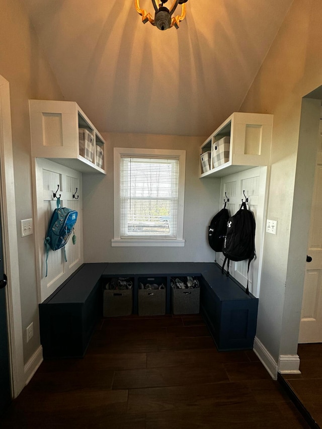 mudroom with lofted ceiling and dark wood-type flooring