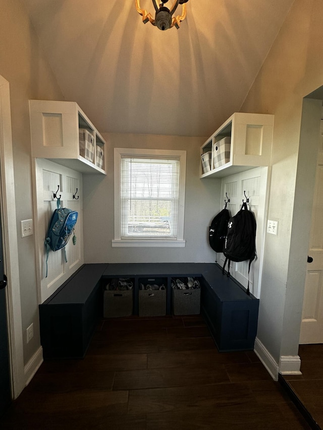 2458 High Bridge Rd, Lancaster, KY 40444 - mudroom featuring dark wood-style flooring, baseboards, and vaulted ceiling