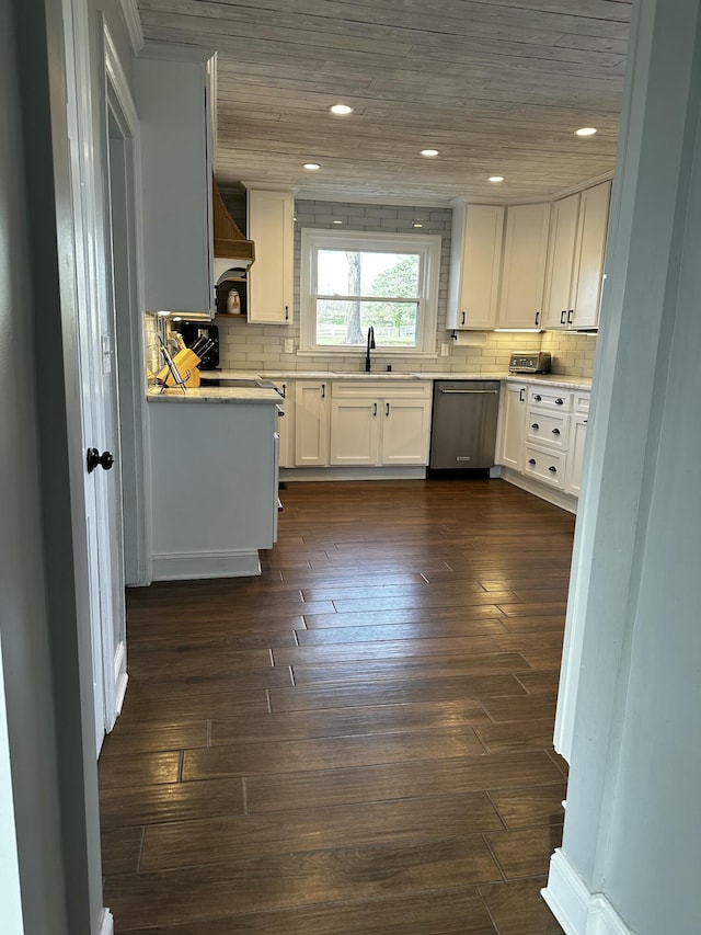 2458 High Bridge Rd, Lancaster, KY 40444 - kitchen with dishwasher, a sink, white cabinets, dark wood-style flooring, and custom exhaust hood