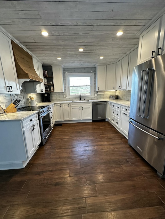 2458 High Bridge Rd, Lancaster, KY 40444 - kitchen with high end appliances, a sink, dark wood finished floors, white cabinets, and decorative backsplash