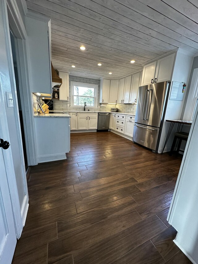 2458 High Bridge Rd, Lancaster, KY 40444 - kitchen with stainless steel appliances, a sink, light countertops, white cabinetry, and wood ceiling