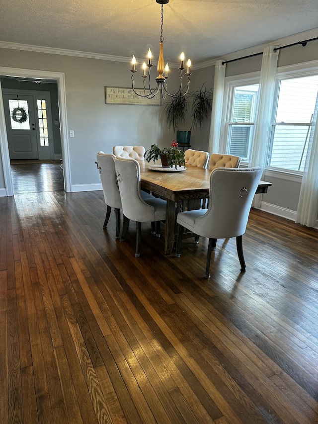 2458 High Bridge Rd, Lancaster, KY 40444 - dining room with a chandelier, ornamental molding, dark wood finished floors, baseboards, and a textured ceiling