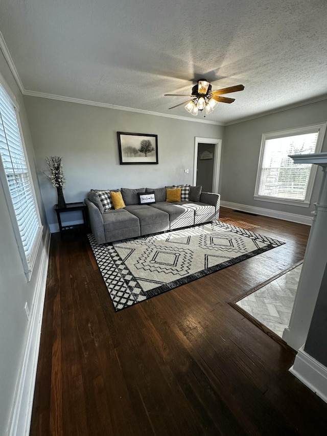2458 High Bridge Rd, Lancaster, KY 40444 - living area featuring wood-type flooring, a ceiling fan, baseboards, crown molding, and a textured ceiling