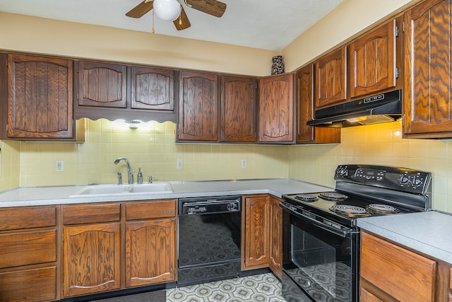 kitchen with decorative backsplash, sink, ceiling fan, and black appliances