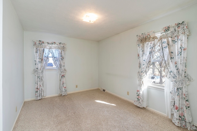 spare room featuring light colored carpet and a textured ceiling