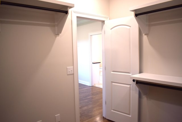 walk in closet featuring dark wood finished floors