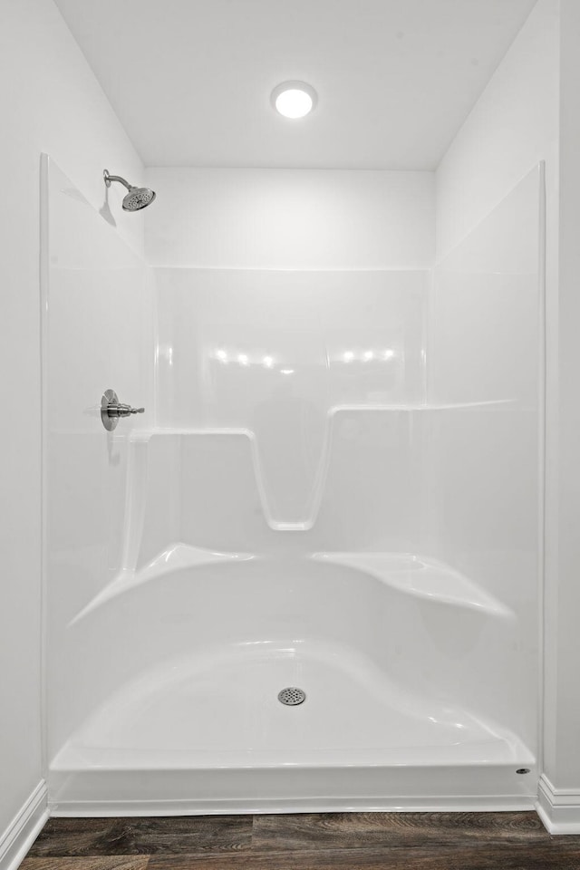 bathroom featuring hardwood / wood-style flooring and a shower