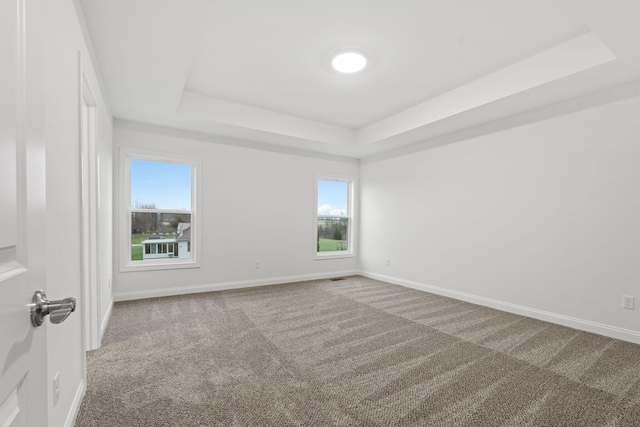 carpeted empty room with plenty of natural light, visible vents, baseboards, and a raised ceiling