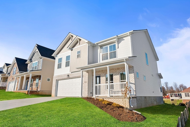 view of front of home featuring driveway, a porch, board and batten siding, and a front yard