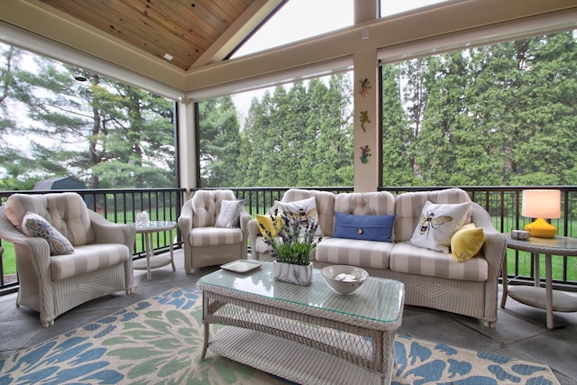 sunroom / solarium with wood ceiling and vaulted ceiling