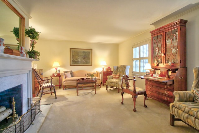 living area with light colored carpet and crown molding