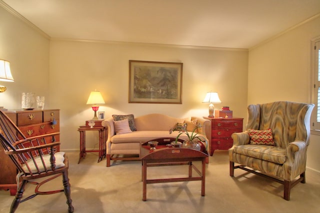 sitting room with light colored carpet and ornamental molding