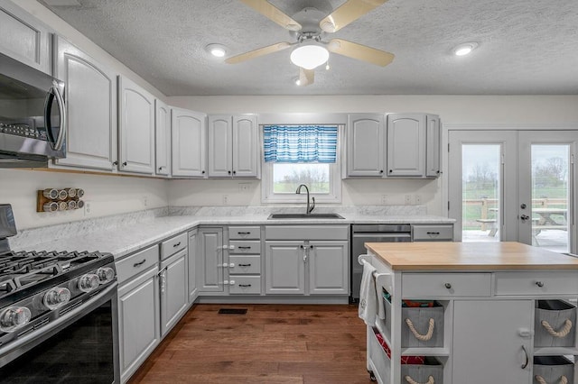 kitchen with dark hardwood / wood-style floors, a healthy amount of sunlight, appliances with stainless steel finishes, and french doors