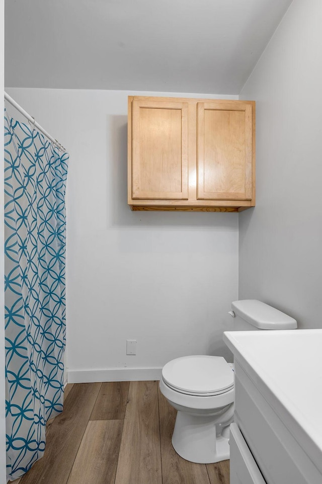 bathroom with vanity, toilet, and wood-type flooring