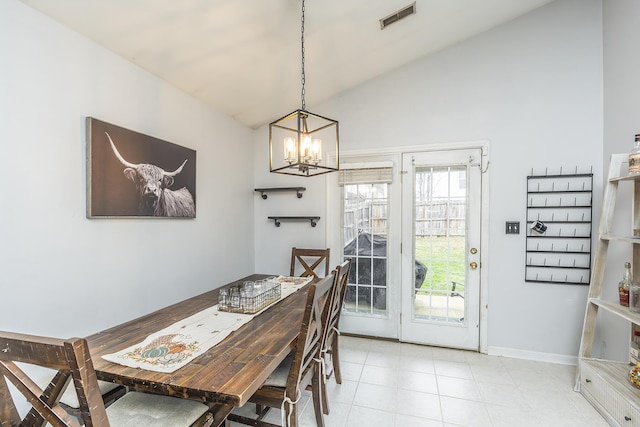dining space featuring lofted ceiling and a chandelier