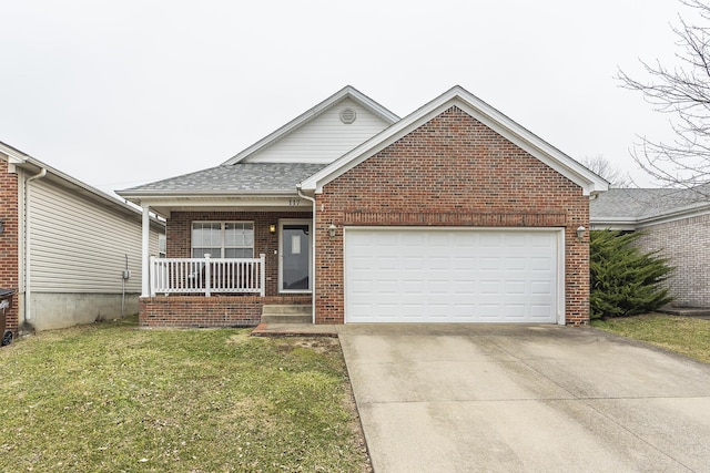 view of front facade with a porch, a garage, and a front yard