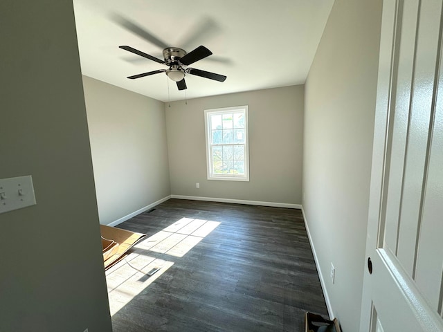 empty room featuring ceiling fan and dark wood-type flooring