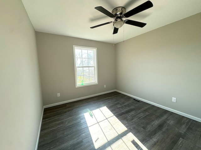 unfurnished room featuring ceiling fan and dark wood-type flooring