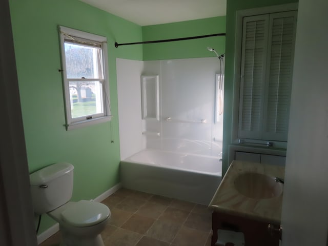 full bathroom with shower / bathing tub combination, vanity, and toilet