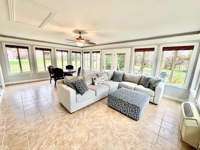 151 Surrounding Hills Dr, Somerset, KY 42503 - living room featuring ceiling fan, an AC wall unit, and crown molding