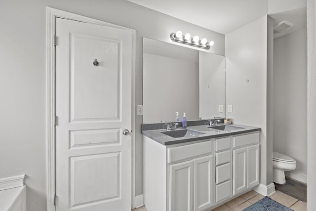 bathroom with tile patterned flooring, vanity, and toilet