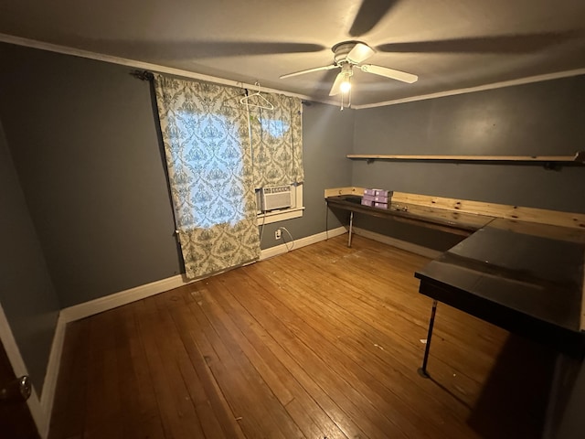 miscellaneous room featuring wood-type flooring, ceiling fan, and ornamental molding