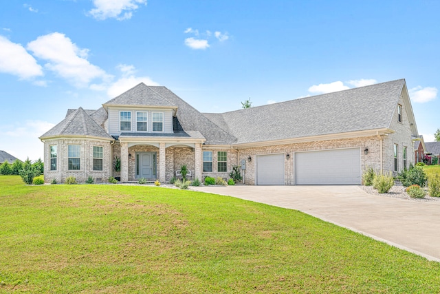 view of front of home with a front yard and a garage